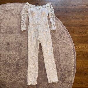 Sondra Celli Beautiful XXS/XS Women’s Custom White Lace Rhinestoned Jumpsuit